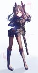  1girl angel_ina black_footwear black_gloves black_jacket black_pantyhose blue_shorts boots brown_hair denim denim_shorts gloves gun highres jacket leaning_forward m110_sass open_mouth original pantyhose purple_eyes rifle shorts sniper_rifle solo suppressor weapon white_background 