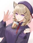  1girl absurdres animal_ear_fluff animal_ears arknights beret breasts bubble_tea_challenge cat_ears drink drinking drinking_straw drinking_straw_in_mouth hat highres jacket large_breasts layered_sleeves light_brown_hair looking_at_viewer no_eyewear purple_eyes purple_headwear purple_jacket purple_shirt runyo_(yale12312) shirt solo utage_(arknights) variant_set 