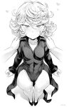  1girl arms_at_sides black_dress black_footwear blush breasts curly_hair dress full_body greyscale hair_between_eyes hands_on_another&#039;s_shoulders heart highres looking_at_viewer mogudan monochrome one-punch_man pov pov_hands short_hair small_breasts smile solo_focus standing tatsumaki thick_thighs thighs 