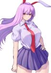  1girl breasts hand_on_own_hip highres long_hair looking_at_viewer mirufui necktie purple_hair purple_skirt red_necktie reisen_udongein_inaba shirt skirt solo thick_thighs thighs touhou very_long_hair white_background white_shirt 