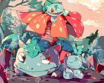  bulbasaur claws closed_eyes closed_mouth cloud colored_skin evolutionary_line fangs half-closed_eyes ivysaur kohakumaru leaf limited_palette nostrils one_eye_closed open_mouth pink_skin plant pokemon pokemon_(creature) red_eyes sitting tree venusaur vines 