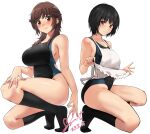  :3 amagami apron apron_lift arm_at_side artist_name black_hair black_one-piece_swimsuit black_socks blue_one-piece_swimsuit blush breasts brown_eyes brown_hair closed_mouth commentary commission competition_swimsuit dated feet full_body hair_over_shoulder hand_on_own_leg heart heel_up highleg highres kneehighs large_breasts legs light_smile long_hair looking_at_viewer messy_hair nanasaki_ai no_shoes nose_blush one-piece_swimsuit pixiv_commission sakurai_rihoko shadow short_hair sidelocks signature simple_background smile socks squatting swimsuit thighs tiptoes toes two-tone_swimsuit white_apron white_background yoo_tenchi 