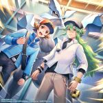  2boys bangle belt belt_buckle black_belt black_pants blue_jacket bracelet brown_eyes brown_hair brown_pants buckle closed_mouth collared_shirt commentary green_eyes green_hair hair_between_eyes hat highres hilbert_(pokemon) jacket jewelry kyurem long_hair male_focus multiple_boys n_(pokemon) official_art open_mouth pants pokemon pokemon_(game) pokemon_bw pokemon_masters_ex ponytail shirasuna_kani shirt short_hair teeth tongue undershirt upper_teeth_only white_shirt xtransceiver zipper_pull_tab 