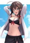  1girl ahoge akahi242 bikini black_bikini black_sarong blue_eyes blush braid breasts brown_hair collarbone hair_between_eyes highres jacket kantai_collection long_hair medium_breasts navel open_clothes open_jacket open_mouth revision sarong shigure_(kancolle) shigure_kai_ni_(kancolle) single_braid smile solo swimsuit white_jacket 