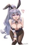  1girl :d alternate_costume animal_ears black_leotard breasts burnt_green_tea cleavage commentary_request fake_animal_ears feet_out_of_frame fire_emblem fire_emblem:_genealogy_of_the_holy_war grey_hair hair_between_eyes ishtar_(fire_emblem) large_breasts leotard long_hair looking_at_viewer nail_polish open_mouth playboy_bunny ponytail purple_eyes purple_nails rabbit_ears smile solo standing strapless strapless_leotard thighs very_long_hair wrist_cuffs 