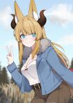  1girl absurdres animal_ear_fluff animal_ears belt blonde_hair blue_eyes blue_jacket blurry blurry_background bow breasts bright_pupils brown_belt brown_horns brown_shorts camisole character_request cleavage cloud commentary commission copyright_request fur-trimmed_jacket fur_trim highres horns jacket long_hair outdoors red_bow shorts sky smile solo symbol-only_commentary tail tree v valefal_coneri vgen_commission white_camisole white_pupils 