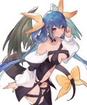  1girl angel_wings asymmetrical_wings bare_shoulders belt black_choker black_thighhighs blue_hair breasts center_opening choker cleavage closed_mouth collarbone cropped_legs detached_sleeves dizzy_(guilty_gear) guilty_gear guilty_gear_x guilty_gear_xx hair_between_eyes hair_rings highres large_breasts long_hair long_sleeves monster_girl navel oro_(sumakaita) puffy_long_sleeves puffy_sleeves red_eyes ribbon showgirl_skirt sidelocks simple_background skirt smile solo stomach tail tail_ornament tail_ribbon thigh_strap thighhighs twintails white_background wings 