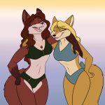  1:1 anthro bikini black_nose blonde_hair breasts canid canine clothed clothing diana_artemis duo eyes_closed female fox foxenawolf fur gloves_(marking) gradient_background hair hi_res jennifer_sherwood jewelry laugh mammal markings midriff navel necklace open_mouth orange_body orange_fur red_body red_fur red_hair simple_background swimwear tail teeth 