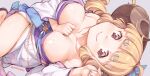  1girl anila_(granblue_fantasy) anila_(yukata)_(granblue_fantasy) bare_shoulders blonde_hair blunt_bangs breasts brown_eyes brown_horns cleavage collarbone curled_horns draph granblue_fantasy grey_background highres horns japanese_clothes jingai_modoki kimono large_breasts long_hair looking_at_viewer lying obi official_alternate_costume on_back sash simple_background smile solo thick_eyebrows thighs twitter_username white_kimono yukata 