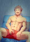  1boy :d abs absurdres bulge collarbone commentary_request commission couch crotch_grab hand_on_own_thigh highres indoors itadori_yuuji jujutsu_kaisen looking_at_viewer male_focus navel nipples on_couch open_mouth pectorals pillow pink_hair red_eyes red_shorts rikigo shiny_skin short_hair short_shorts shorts sitting smile solo spiked_hair spread_legs toned toned_male topless_male 