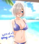  1girl beach bikini blue_eyes blue_sky breasts cleavage cloud dated day facing_viewer furaggu_(frag_0416) grey_hair hair_ornament hair_over_one_eye hairclip hamakaze_(kancolle) highres kantai_collection large_breasts looking_to_the_side one-hour_drawing_challenge outdoors purple_bikini short_hair sideways_glance sky solo swimsuit twitter_username 