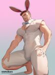  1boy animal_ears arm_hair bara beard bodysuit bow brown_hair bulge chest_hair covered_nipples easter facial_hair fake_animal_ears gradient_background hairy highres large_bow large_pectorals leg_hair looking_to_the_side male_focus mature_male muscular muscular_male mustache original otokobara pectorals rabbit_boy rabbit_ears see-through short_hair sideburns smile solo squatting stomach thick_eyebrows thick_thighs thighs white_bodysuit 