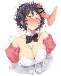  1boy 1girl bar_censor black_hair blush breasts censored cleavage clenched_hands curly_hair disembodied_penis elbow_gloves gloves hairjob heart hetero large_breasts male_pubic_hair nanaichi original own_hands_together penis pink_eyes pubic_hair saliva simple_background solo_focus sweat upper_body wavy_mouth white_background 