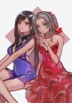 2girls aerith_gainsborough atai_(kromameta1234) backless_dress backless_outfit black_hair blue_dress brown_hair crossed_legs curly_hair dress final_fantasy final_fantasy_vii final_fantasy_vii_remake finger_to_mouth flamenco_dress green_eyes hair_between_eyes high_ponytail highres jewelry light_blush lipstick long_dress long_hair looking_at_viewer makeup multiple_girls necklace red_dress red_eyes red_ribbon ribbon shiny_clothes short_dress shushing simple_background sitting smile tifa_lockhart very_long_hair 