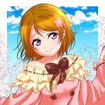  1girl bare_shoulders blue_sky bow bowtie brown_bow brown_hair cherry_blossoms closed_mouth cloud day dress flower hair_flower hair_ornament koizumi_hanayo layered_dress long_sleeves looking_at_viewer love_live! love_live!_school_idol_project pink_dress purple_eyes short_hair sky smile solo upper_body wide_sleeves zk_(mery_98) 