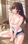  1girl absurdres blue_pants blush breasts brown_eyes brown_hair cleavage collarbone day fang highres large_breasts long_hair open_mouth original outdoors pants pointy_ears ponytail shirt sino42 sitting skin_fang solo tank_top white_shirt 