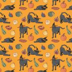  animal animal_focus autumn black_cat black_headwear cat clothed_animal commentary english_commentary food gatoiberico gourd hat highres lying no_humans orange_background original pumpkin simple_background stretching sweet_potato witch_hat 