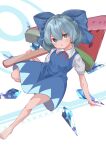  1girl absurdres barefoot blue_bow blue_dress blue_eyes blue_hair bow circled_9 cirno commentary detached_sleeves dress food fruit full_body hair_bow highres ice ice_wings looking_at_viewer open_mouth pixel_art r_utchi short_hair short_sleeves solo touhou v-shaped_eyebrows watermelon watermelon_slice white_background wings 