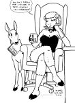  2023 ambiguous_gender anthro bell bell_collar black_and_white bovid breasts caprine cleavage clothed clothing collar deer dialogue duo english_text female feral fingers fur half-closed_eyes hi_res hooved_fingers hooves horn lana_lynne mammal monochrome narrowed_eyes sheep tegerio text wool_(fur) 