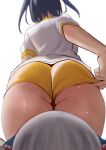  2girls ass ass_focus back blue_hair clothes_pull facing_away from_behind from_below gawr_gura gym_shorts gym_uniform highres hololive hololive_english huge_ass medium_hair multiple_girls ouro_kronii redi_(rasec_asdjh) shiny_skin shirt short_hair short_shorts short_sleeves shorts simple_background t-shirt thick_thighs thighs virtual_youtuber white_background 