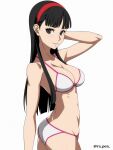  1girl amagi_yukiko ass bangs bikini black_eyes black_hair blunt_bangs breasts cleavage commentary_request cowboy_shot hairband highres long_hair looking_at_viewer medium_breasts parted_lips persona persona_4 ra-pen red_hairband simple_background solo swimsuit white_background white_bikini 