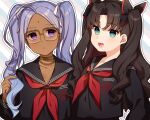  2girls bindi black_hair black_ribbon black_sailor_collar bracelet commentary dark-skinned_female dark_skin facial_mark fate/extra fate/extra_ccc fate_(series) forehead_mark glasses gold_bracelet green_eyes hair_ribbon hand_up holding holding_hair jewelry karokuchitose long_hair long_sleeves looking_afar looking_at_another looking_to_the_side multiple_girls neck_ring neckerchief open_mouth outline parted_bangs parted_lips purple_eyes purple_hair rani_viii red_neckerchief ribbon sailor_collar shirt smile tohsaka_rin_(fate/extra) tsukumihara_academy_uniform_(fate/extra_ccc) twintails two_side_up upper_body white_outline white_ribbon white_shirt yellow-framed_eyewear 