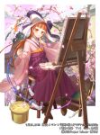  1girl anne_(wixoss) architecture art_brush blunt_bangs blush boots border bow briefcase brown_footwear bucket canvas_(object) cherry_blossoms closed_mouth colored_pencil copyright dress_shirt easel east_asian_architecture falling_petals finger_to_mouth frilled_shirt_collar frills full_body hair_bow hakama high_heel_boots high_heels holding holding_paintbrush huge_bow index_finger_raised japanese_clothes kimono knees_together_feet_apart looking_at_viewer official_art orange_eyes orange_hair ori_simo outside_border paint_splatter paint_tube paintbrush painting_(action) palette_(object) pencil petals pink_kimono purple_bow purple_hakama shirt sitting smile solo stool tree two-tone_bow white_border white_bow white_shirt wide_sleeves wixoss 