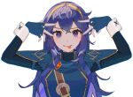  1girl ahoge belt black_shirt blue_eyes blue_hair blue_shirt cape commentary commission crossed_bangs dot_nose double-parted_bangs double_v english_commentary fire_emblem fire_emblem_awakening highres hoshino_ai&#039;s_pose long_hair looking_at_viewer lucina_(fire_emblem) mariirasuto7 ribbed_shirt shirt simple_background solo tiara tongue tongue_out v white_background 