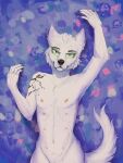  abstract_background anatomically_correct anthro black_nose canid canine canis claws fabbycat female flat_chested fur green_eyes hi_res lily_(atrumpet) looking_at_viewer mammal multi_nipple nipples nude pink_nipples solo tail whiskers white_body white_fur wolf 
