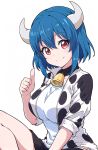  1girl absurdres animal_print bell black_skirt blue_hair blush breasts closed_mouth cow_horns cow_print cowbell highres horns jacket jashin-chan_dropkick large_breasts looking_at_viewer miniskirt minos_(jashin-chan_dropkick) neck_bell print_jacket red_eyes shirt short_hair simple_background skirt smile solo tanukiillust thumbs_up white_background 