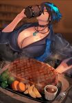  1girl 2023 absurdres breasts broccoli choker cleavage closed_eyes collarbone commentary_request cup dated drinking earrings food fork highres izayoi04 jewelry knife large_breasts meat mug necklace original scar scar_on_face short_hair solo steak table tray watermark 