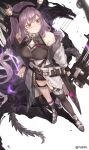  1girl arknights arrow_(projectile) artist_name asymmetrical_legwear bare_shoulders black_hairband black_shirt black_socks bow_(weapon) closed_mouth coat commentary compound_bow full_body hairband highres holding holding_arrow holding_bow_(weapon) holding_weapon horns long_hair off_shoulder purple_hair red_eyes shirt single_thighhigh sleeveless sleeveless_shirt socks solo symbol-only_commentary thighhighs typhon_(arknights) weapon white_coat yipingtaopuzi 