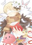  1boy :3 bangle blonde_hair book bow bracelet brown_bow chinese_commentary commentary_request detached_sleeves feathers flower fur_collar hair_bow hair_flower hair_ornament holding holding_book jewelry lunatic_(ragnarok_online) male_focus medium_bangs mochidraw open_mouth poring rabbit ragnarok_online shirt short_hair slime_(creature) sorcerer_(ragnarok_online) upper_body white_blindfold white_flower white_shirt white_sleeves 