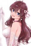  ahoge blue_eyes blush breasts brown_hair dress elbow_gloves from_side gloves head_tilt ichinose_shiki idolmaster idolmaster_cinderella_girls lamp_p9 long_hair looking_at_viewer looking_to_the_side medium_breasts shirt simple_background smile upper_body very_long_hair wedding_dress white_background white_dress white_shirt 