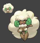  anthro big_breasts blush blush_lines breasts brown_body female generation_5_pokemon hair hi_res looking_at_viewer navel nintendo official_art open_mouth orange_eyes pokemon pokemon_(species) short_stack simple_background smile solo standing thick_thighs whimsicott white_hair wide_hips yboon 