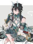  1boy absurdres aqua_eyes black_hair chinese_clothes closed_mouth dan_heng_(honkai:_star_rail) dan_heng_(imbibitor_lunae)_(honkai:_star_rail) dragon_boy dragon_horns dragon_tail earrings grey_background grey_pants head_rest highres honkai:_star_rail honkai_(series) horns jewelry long_hair looking_at_viewer male_focus mokyuko multicolored_background official_alternate_hair_length official_alternate_hairstyle pants pointy_ears red_eyeliner shirt solo tail white_background white_shirt 