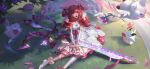  1girl absurdres breasts crystal_rose_gwen day dress drill_hair gwen_(league_of_legends) highres holding holding_scissors large_breasts league_of_legends long_hair official_alternate_costume official_art outdoors oversized_object poro_(league_of_legends) red_hair scissors shiny_clothes smile solo twin_drills twintails 