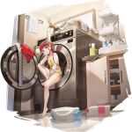  1girl asukagawa_chise asukagawa_chise_(laundry_day) azur_lane bare_legs bare_shoulders barefoot between_legs blue_eyes blue_hairband blunt_bangs blush bow_hairband box breasts chair closet collarbone cup detached_sleeves dress feet full_body goldburn gradient_hair gridman_universe hairband hand_between_legs hand_on_own_cheek hand_on_own_face highres indoors knee_up kurumi_(recycllamo) legs looking_at_viewer mug multicolored_hair multicolored_hairband official_alternate_costume official_art open_mouth orange_hair ponytail red_hair sitting sleeveless small_breasts soles spoken_squiggle spread_toes squiggle sweatdrop toes towel washing_machine washing_machine_interior yellow_dress yellow_hairband 