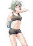  1girl ahoge alternate_costume antenna_hair bob_cut bottle bra breasts commentary_request contrail drawstring green_hair grey_bra grey_shorts inverted_bob kantai_collection midriff multicolored_hair navel orange_eyes purple_hair short_hair short_shorts shorts simple_background small_breasts solo sports_bra streaked_hair sweat take_(kancolle) underwear water_bottle white_background yamashichi_(mtseven) 
