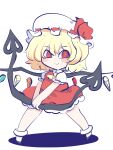  1girl black_footwear blonde_hair blush bow chahan_(fried_rice0614) collar collared_shirt crystal flandre_scarlet frilled_hat frilled_skirt frilled_sleeves frills hat hat_bow hat_ribbon highres holding holding_polearm holding_weapon laevatein_(touhou) looking_to_the_side mob_cap neckerchief polearm puffy_sleeves red_bow red_eyes red_shirt red_skirt ribbon shadow shirt short_hair simple_background skirt socks spread_legs standing touhou weapon white_background white_hair wings yellow_neckerchief 