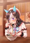  1girl animal_ears blurry blurry_background blush chopsticks eating food highres hokko_tarumae_(umamusume) holding holding_chopsticks holding_spoon horse_ears horse_girl hot indoors multicolored_hair noodles purple_eyes radium0727 ramen solo spoon striped two-tone_hair umamusume upper_body 