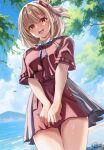  1girl absurdres belt blonde_hair blue_ribbon blush bob_cut breasts cloud collared_shirt commentary_request cowboy_shot cumulonimbus_cloud day falling_leaves grey_skirt hair_ribbon highres leaf looking_at_viewer lycoris_recoil lycoris_uniform neck_ribbon nishikigi_chisato ocean one_side_up open_mouth outdoors pleated_skirt red_belt red_eyes red_ribbon red_skirt ribbon shirt short_hair short_sleeves sidelocks signature skirt solo tearing_up teeth tree twitter_username upper_teeth_only white_shirt yomo 