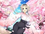  1girl architecture black_hairband black_hakama blue_sky blush branch breasts brown_hair building bush cherry_blossom_print cherry_blossoms city cityscape cloud day east_asian_architecture falling_petals floral_print flower grey_eyes hairband hakama hip_vent ibuki_(senran_kagura) japanese_clothes kimono large_breasts long_hair long_sleeves low_twintails obi official_art open_mouth outdoors petals pink_flower pink_kimono print_kimono sash senran_kagura senran_kagura_new_link senran_kagura_new_wave sky skyscraper smile solo sparkle spring_(season) standing standing_on_one_leg tabi tile_floor tiles torii tree twintails underbust wide_sleeves window yaegashi_nan 