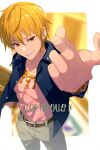  1boy abs belt belt_buckle blonde_hair blue_shirt brown_belt buckle buttons collarbone commentary_request earrings echo_(circa) english_text fate/grand_order fate_(series) gilgamesh_(caster)_(fate) gilgamesh_(establishment)_(fate) gilgamesh_(fate) grey_pants grin hair_between_eyes jewelry long_sleeves looking_at_viewer male_focus muscular muscular_male necklace open_clothes open_shirt pants red_eyes shirt short_hair smile solo 