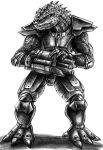  2017 3_toes alien anthro armor black_armor black_clothing claws clothed clothing duke_nukem_(series) enforcer_(duke_nukem) facial_piercing feet finger_claws fingers graphite_(artwork) greyscale gun hi_res jarumo looking_at_another looking_down machine_gun male monochrome muscular muscular_anthro muscular_male nose_piercing nose_ring pencil_(artwork) piercing ranged_weapon realistic reptile ring_piercing scales scalie shadow sharp_teeth simple_background solo tail teeth toe_claws toes traditional_media_(artwork) weapon 