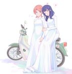  2girls absurdres bicycle blush commentary_request hanayagi_kaoruko highres holding_another&#039;s_arm isurugi_futaba multiple_girls nguyen_tam_lee purple_eyes purple_hair red_hair shoujo_kageki_revue_starlight vietnamese_clothes vietnamese_dress white_background yellow_eyes yuri 