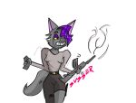 absurd_res anthro breasts canid canine canis ccr_graph clothing dirty_clothing female fur grey_body grey_fur gun hair hi_res hybrid legs mammal purple_hair ranged_weapon sketch skinny solo torn_clothing weapon wolf wolfdog yellow_eyes 