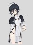  1boy absurdres ahoge alternate_costume artist_name black_hair black_panties brown_eyes covered_collarbone cropped_legs cross_print danganronpa_(series) danganronpa_v3:_killing_harmony dress ewa_(seraphhuiyu) grey_background grey_dress hand_up highres long_sleeves panties saihara_shuichi short_hair simple_background solo underwear 