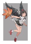  1girl bird_wings black_hair black_skirt black_wings border breasts collared_shirt commentary full_body geta grey_background gyouza_(mhea5724) hand_fan hat hauchiwa highres leaf looking_at_viewer maple_leaf open_mouth pom_pom_(clothes) red_eyes red_footwear red_headwear shameimaru_aya shirt short_hair short_sleeves simple_background skirt socks solo tengu-geta tokin_hat touhou white_border white_shirt white_socks wings 