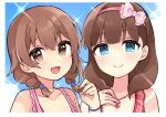  2girls bikini blue_eyes blue_sky bow braid brown_eyes brown_hair cloud collarbone commentary dot_nose hair_between_eyes hair_bow hand_up heart heart_necklace idolmaster idolmaster_cinderella_girls jewelry kita_hinako light_blush looking_at_viewer medium_hair multiple_girls necklace open_mouth pink_bikini pink_bow red_bikini sakuma_mayu short_hair sidelocks sky smile sparkle swimsuit tko0 twin_braids upper_body 